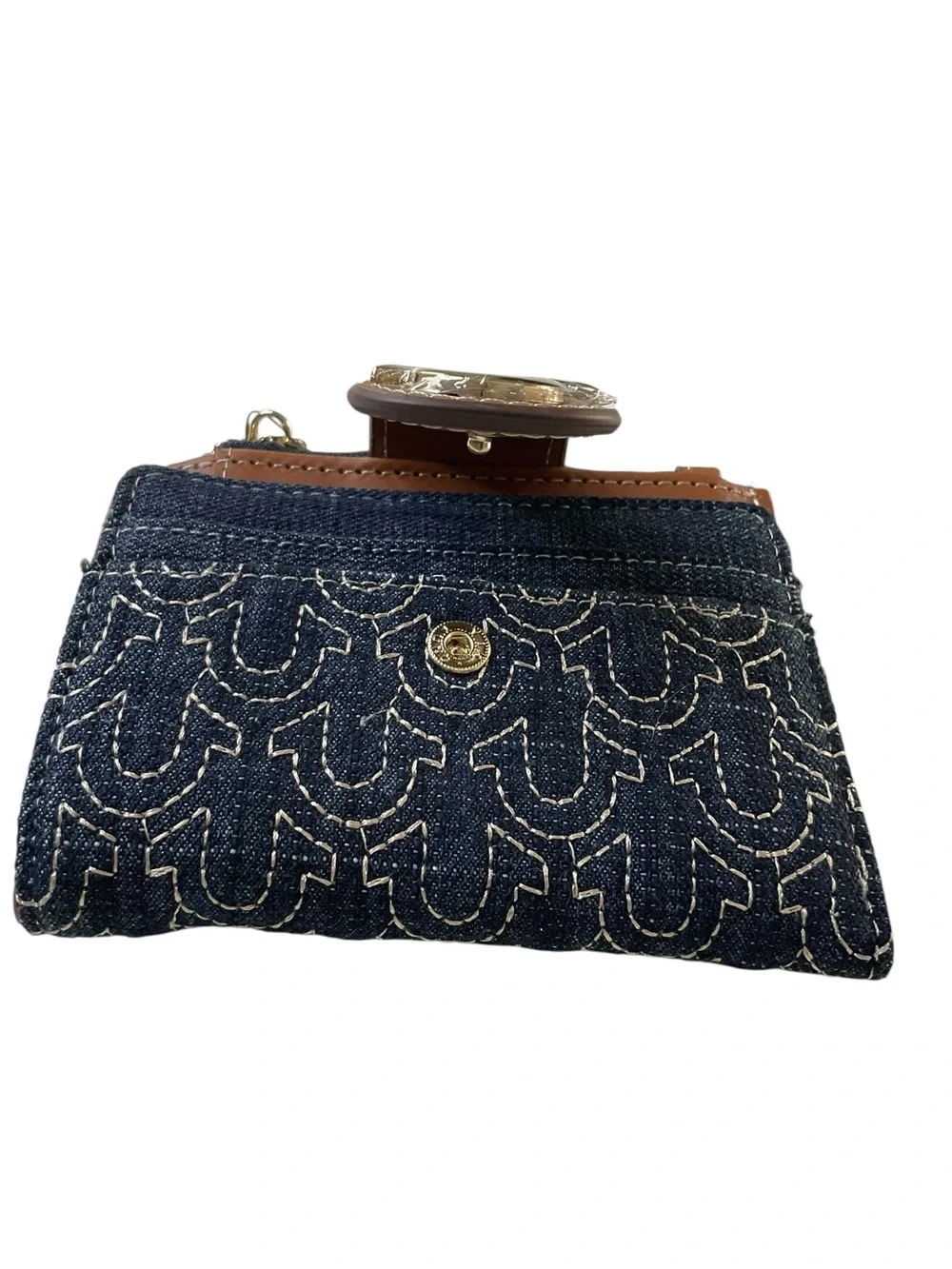 True Religion Navy Denim and Brown Leather Logo Snap Wallet